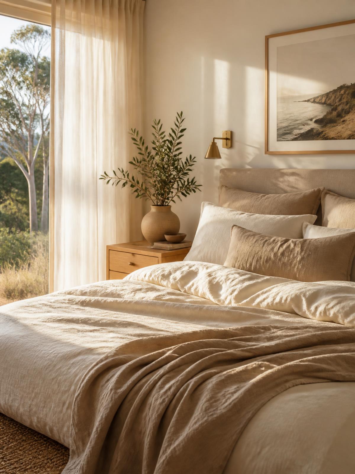 Quiet bedroom with layered neutral linens and soft morning light