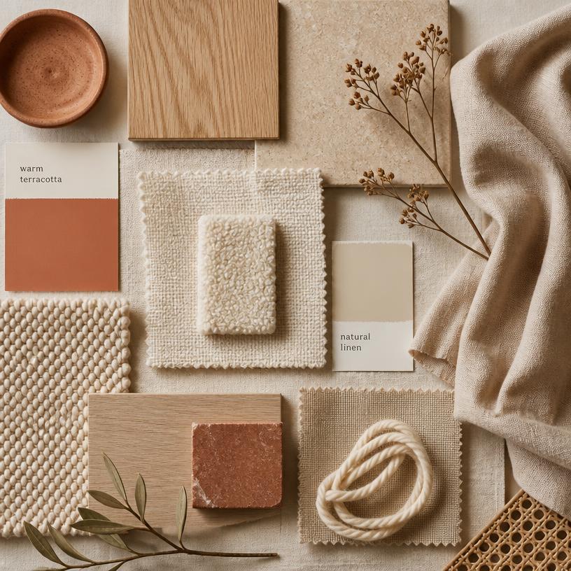Moodboard with neutral fabric swatches and light wood
