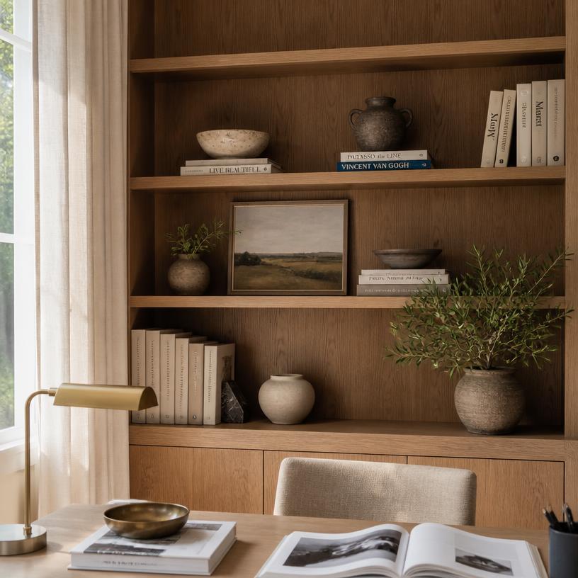 A styled bookshelf in a light-filled room