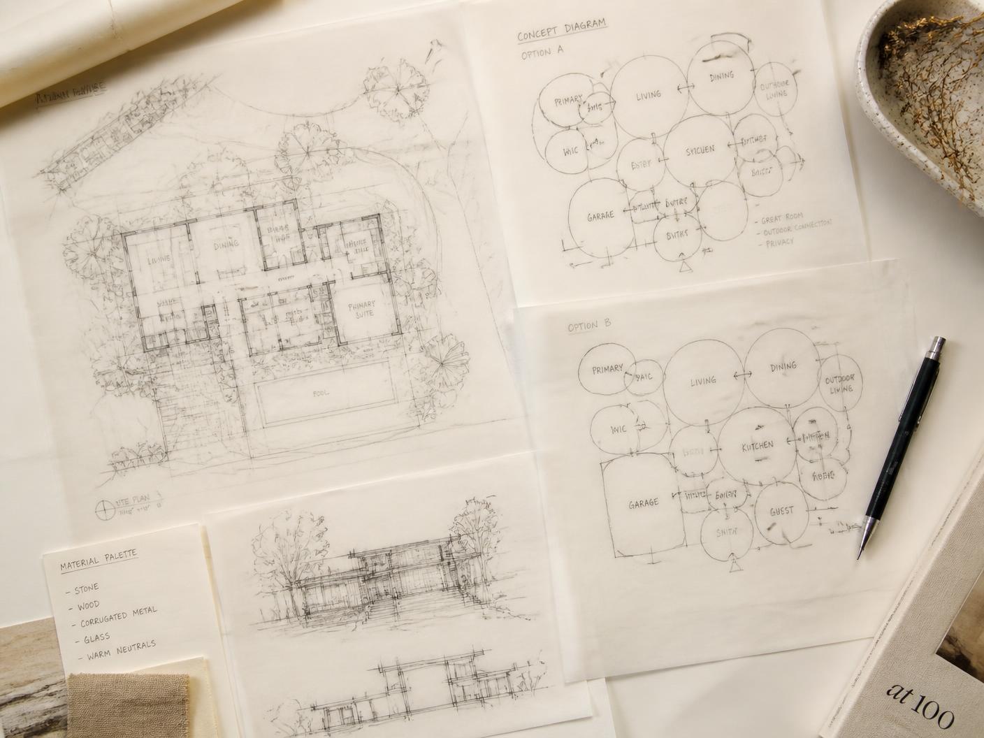 Hand-drawn site plan and concept diagrams on trace paper