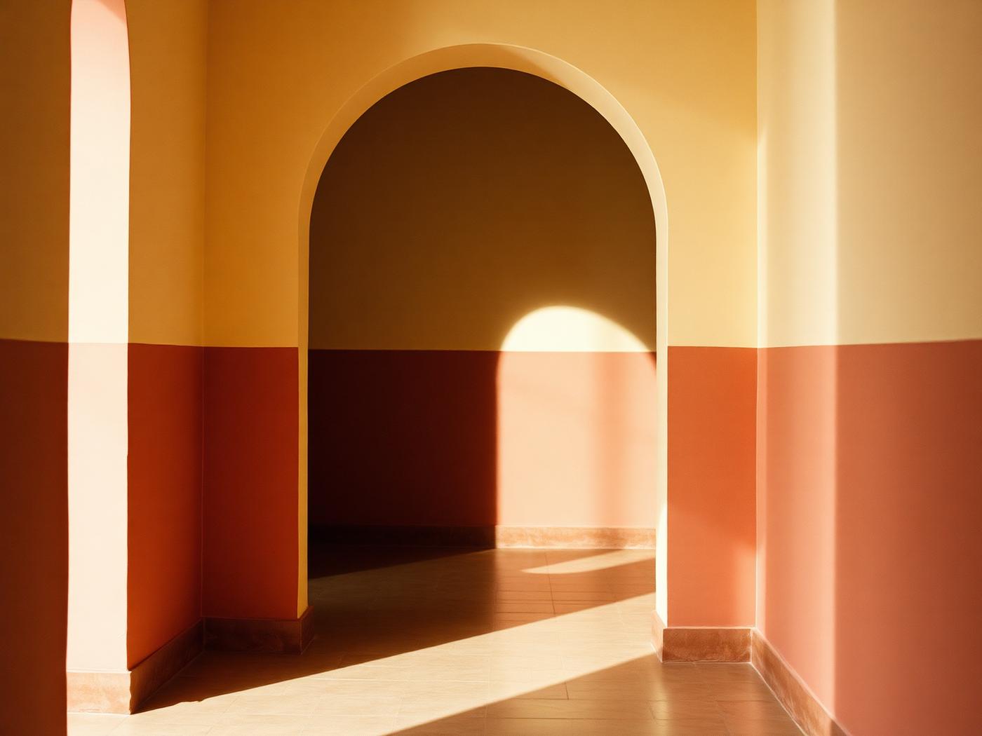 Sunlit arched threshold between two rooms