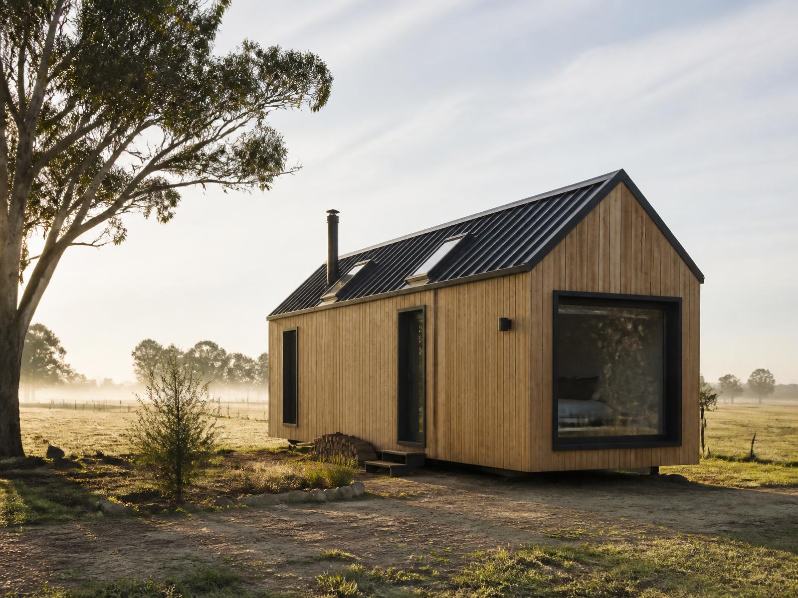 Tiny home exterior clad in timber in a rural paddock